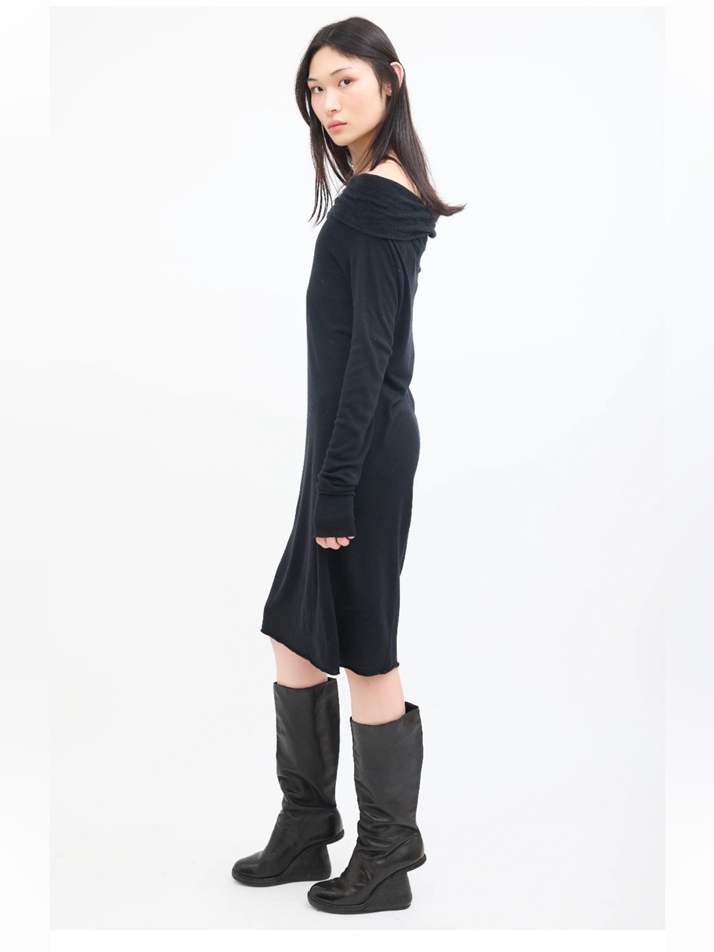 Rick Owens Lilies dark gray knit midi dress long sleeve fold collar cowl neck 10 - Picture 5 of 16